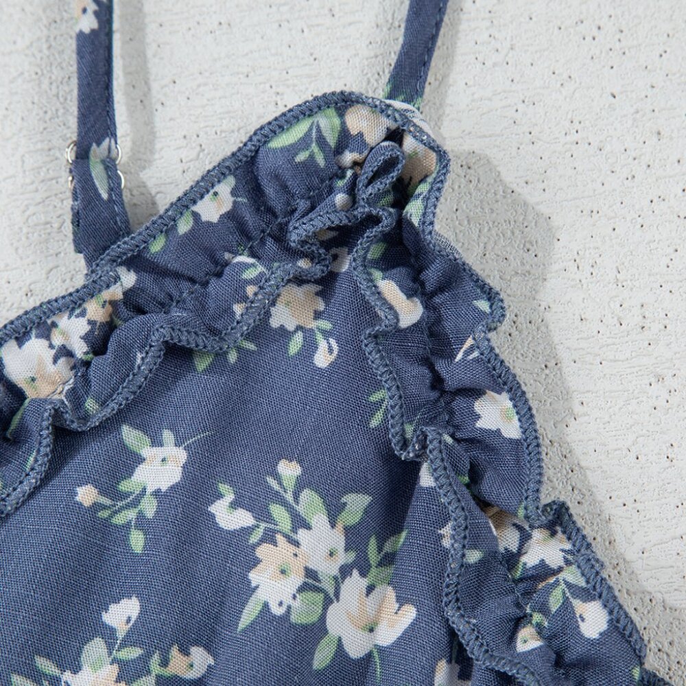B266 Blue Floral Spaghetti Strap Frilled V Neck Tiered Midi Dress - Picture 11 of 16